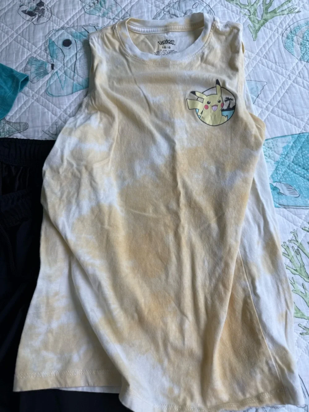 Kids XL Teal shirt, 1L yellow Pokemon tank and L 10-12 black shorts